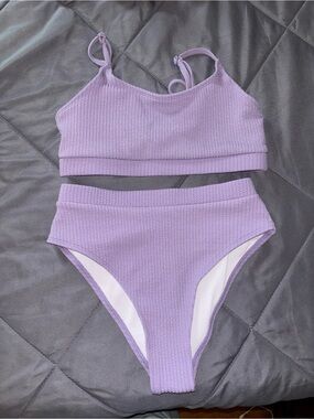 SHEIN Lavender Ribbed High-Waist Bikini Set